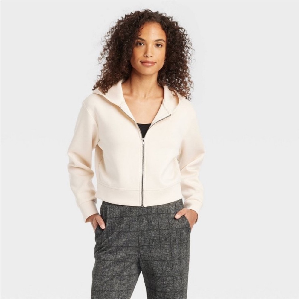 A New Day Zip-Up Hoodie Jacket Women’s Medium Cream Cropped Sweatshirt NWT’s